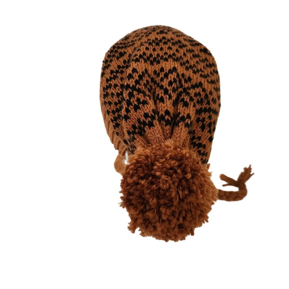 Krochet Kids Brown Black Fair Isle Crochet Knit Beanie Hat with Pom Pom & Tassel